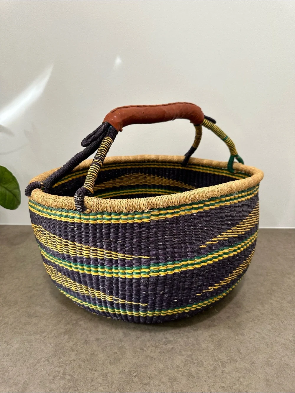 Large Bolga Basket Woven Striped Storage Basket Leather Handle Multicolor Ghana